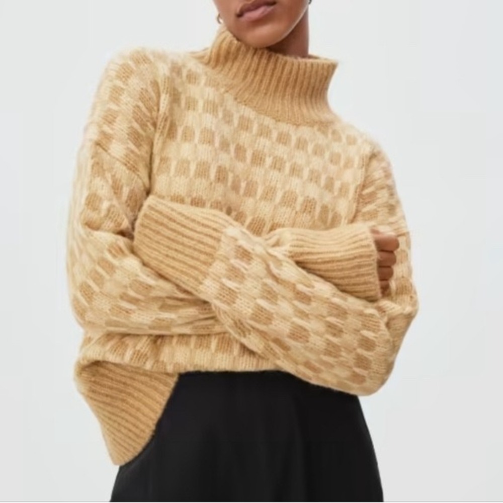 Everlane The Cloud Checkered Turtleneck In Golden Oak/Wheat Size Medium